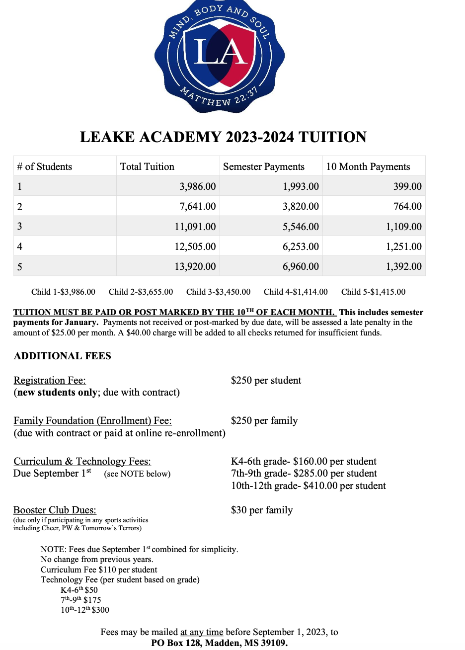 Tuition, Handbook, Supply Lists, Calendar, and Bylaws Downloads Leake